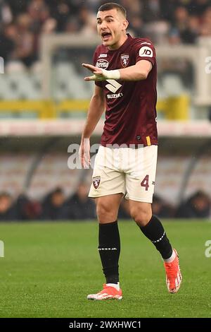 Turin, Italie. 18 mars 2024. Le Torino Alessandro Buongiorno réagit lors du match de football Serie A entre Torino et Monza au Stadio Olimpico Grande Torino à Turin, dans le nord-ouest de l'Italie - samedi 30 mars 2024. Sport - Soccer . (Photo Alberto Gandolfo/LaPresse) crédit : LaPresse/Alamy Live News Banque D'Images