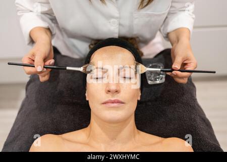 Recadrez l'esthéticienne à l'aide de brosses pour le visage de la cliente féminine dans le salon de beauté Banque D'Images