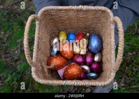 Chasse aux oeufs de Pâques enfant avec panier de chocolat oeufs de Pâques dans Carmarthenshire pays de Galles mars jardin 2024 Royaume-Uni Grande-Bretagne KATHY DEWITT Banque D'Images