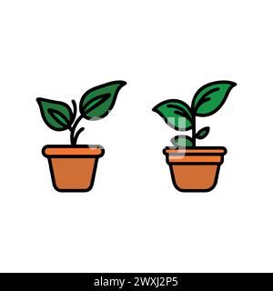 PAIRE DE PLANTES, POTS ET FEUILLES EN COULEUR Illustration de Vecteur