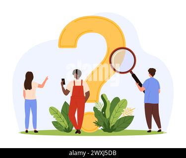 Enquête, Foire aux questions. Les minuscules personnes recherchent le problème dans la FAQ, inspectent le point d'interrogation avec la loupe pour trouver des idées, des informations d'enquête et des réponses illustration vectorielle de dessin animé Illustration de Vecteur