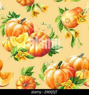 Récolte de citrouilles d'automne. Motif sans couture d'aquarelle dessiné à la main Banque D'Images