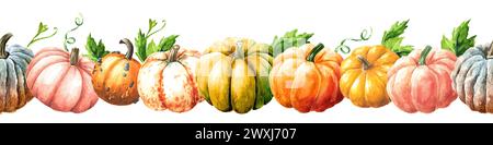 Bordure d'automne, récolte de citrouille, motif sans couture d'aquarelle dessiné à la main isolé sur fond blanc Banque D'Images