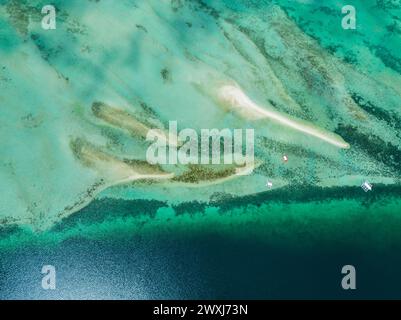 Vue aérienne du banc de sable et du récif corallien en eau turquoise. Negros, Philippines. Banque D'Images