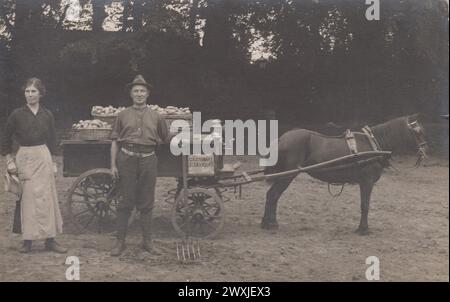 Photographie du début du XXe siècle d'un chariot de ferme tiré par des chevaux chargé de paniers en osier remplis de pommes de terre. Une femme dans un tablier et un homme en short et chapeau, tenant une fourchette, se tiennent debout à côté du chariot. Une pancarte sur le chariot indique « Col. Stewart riches sauveurs ». L'avis peut concerner le colonel George Herbert Stewart du beau Côté, St Saviour, Jersey. Banque D'Images