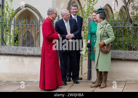 31/03/2024. Windsor (Royaume-Uni) le prince Andrew, duc d’York, le vice-amiral Sir Tim Laurence, Sarah Ferguson, duchesse d’York et la princesse Ann, les princes royaux assistent au service du dimanche de Pâques à la chapelle St George au château de Windsor. C'était la première fois que le roi Charles III faisait une apparition publique depuis qu'il a été annoncé qu'il avait un cancer et qu'il était en traitement. Crédit photo : Ray Tang Banque D'Images