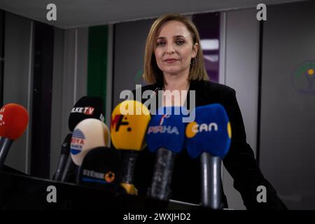 Ankara, Turquie. 31 mars 2024. Aysegul Dogan parle au siège de son parti. Dans sa première évaluation des résultats de l'élection, Aysegul Dogan, porte-parole du Parti pour l'égalité du peuple et la démocratie (DEM), a déclaré : «C'est les dernières heures pour annoncer une grande victoire, s'il vous plaît ne quittez pas les urnes.» Crédit : SOPA images Limited/Alamy Live News Banque D'Images