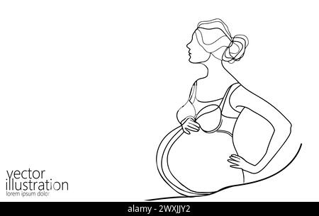 Femme enceinte seule ligne art. Medicine health care silhouette saine grossesse holding belly titre concept design un croquis contours Illustration de Vecteur