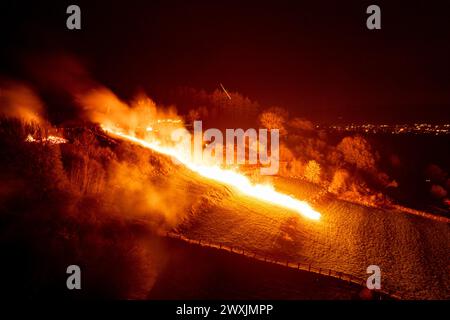 31 mars 2024, Rhénanie du Nord-Westphalie, Lügde : une roue de Pâques historique descend une colline en feu. Depuis 2018, la course de roues de Pâques de Lügde fait partie du patrimoine culturel immatériel allemand de l'UNESCO. Pendant le spectacle, d’énormes roues en bois bourrées de paille descendent une colline l’une après l’autre peu avant 21 heures. Photo : Christoph Reichwein/dpa Banque D'Images