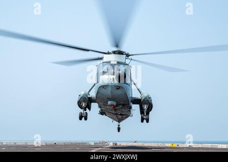 Un Sea King UH-3H de la marine de la République de l'Inde approche du pont d'envol du navire de transport amphibie USS Somerset (LPD 25) de classe San Antonio, alors qu'il était en route dans la baie du Bengale, en mars 28, 2024, lors de l'exercice Tiger TRIUMPH 2024. Tiger TRIUMPH est un exercice amphibie de trois services entre les États-Unis et l'Inde axé sur l'aide humanitaire et la préparation et l'interopérabilité des secours en cas de catastrophe. (Photo de l'US Navy par Evan Diaz, spécialiste des communications de masse, 2e classe) Banque D'Images