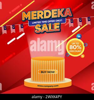 Poteau de vente du jour de l'indépendance de la Malaisie. Affiche de vente Merdeka avec podium. Texte modifiable en vecteur. Illustration de Vecteur