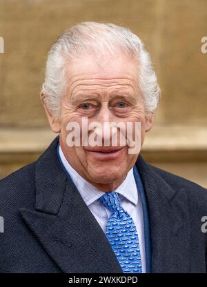 Windsor, Angleterre. ROYAUME-UNI. 31 mars 2024. Le roi Charles Ill assiste au service traditionnel de Pâques à la chapelle St George, au château de Windsor. Crédit : Anwar Hussein/Alamy Live News Banque D'Images