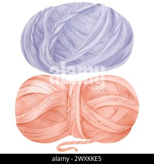 Un ensemble d'illustration aquarelle d'une bobine de fil rose et bleu. Fabriqué en fibres de laine et de coton. pour les magasins de couture, les fabricants de textile, éducatifs Banque D'Images
