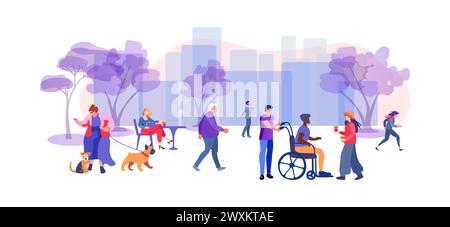 Les gens vont le long de la rue de la ville avec des arbres. Femme à la mode marche avec un chien. Panorama urbain avec bâtiments. Le concept d'inclusion de personnes handicapées diverses dans la vie sociale. Illustration vectorielle plate Illustration de Vecteur