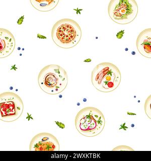 Modèle sans couture avec des assiettes de nourriture. Motif alimentaire décoratif sur fond blanc pour le menu de restaurant ou de café, papier d'emballage. Illustration vectorielle réaliste pour l'impression sur des boîtes et des sacs d'emballage Illustration de Vecteur