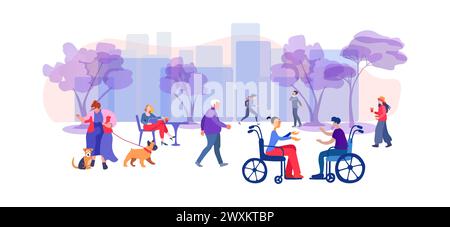 Les gens vont le long de la rue de la ville avec des arbres. Femme à la mode marche avec un chien. Panorama urbain avec bâtiments. Le concept d'inclusion de personnes handicapées diverses dans la vie sociale. Illustration vectorielle plate Illustration de Vecteur