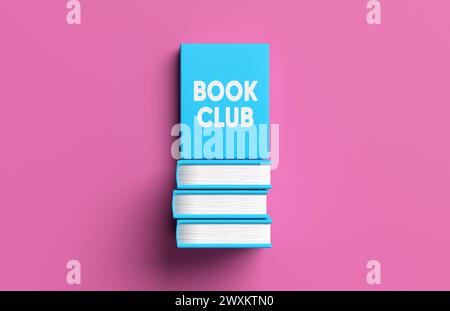 Livre bleu à couverture rigide avec le club de livre titre au-dessus de la pile de livres sur fond rose. Adhésion au club de lecture, lecture et alphabétisation. Rendu 3D. Banque D'Images