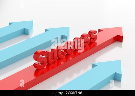 Succès croissant ou croissant. La voie ou le chemin vers le succès. Flèches directionnelles sur blanc avec le mot succès. Rendu 3D. Banque D'Images