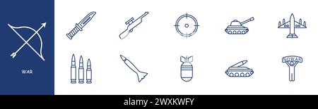 Icône de ligne de jeu de guerre. Couteau, regard, fusil, réservoirs, équipement, bombe, roquette, cartouches. Couleurs pastel fond icône de ligne vectorielle pour les entreprises et les adverti Illustration de Vecteur