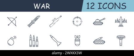 Icône de ligne de jeu de guerre. Couteau, regard, fusil, réservoirs, équipement, bombe, roquette, cartouches. icône de 12 lignes. Icône de ligne de vecteur pour les affaires et la publicité Illustration de Vecteur