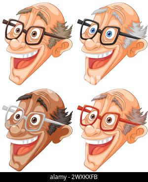 Quatre visages de dessins animés montrant différentes expressions. Illustration de Vecteur