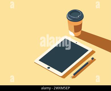 Un gros plan sur une table en bois avec une tasse de café, une tablette et un crayon. Illustration de Vecteur