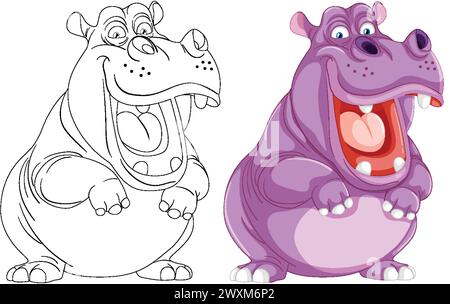 Personnages colorés et esquissés de dessins animés hippopotames Illustration de Vecteur