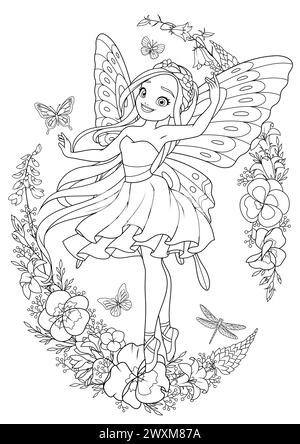 Belle fée aux ailes de papillon entourées de fleurs. Coloriage vectoriel. Illustration de Vecteur