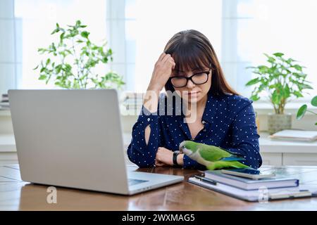 Fatiguée triste femme mature au lieu de travail à table avec ordinateur portable Banque D'Images