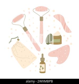 Éléments de massage facial. Procédure de beauté de Gua Sha avec jeu de pierre de jade. Outils de soin de la peau de beauté anti-âge composition ronde.massage lifting du visage. Skinca Illustration de Vecteur