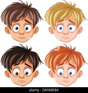 Quatre garçons de dessin animé avec diverses couleurs de cheveux et expressions. Illustration de Vecteur