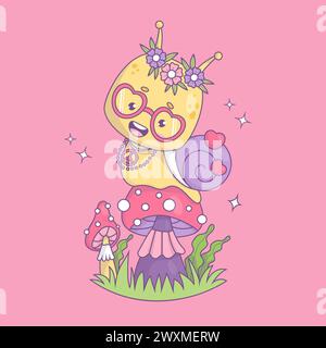 Drôle de personnage groovy escargot hippy. Insecte comique kawaii sur champignon de puissance dans un style rétro tendance. Illustration vectorielle dans le style des années 70 Illustration de Vecteur