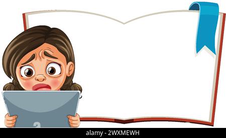 Caricature d'une fille regardant anxieuse au-dessus d'un livre vide Illustration de Vecteur