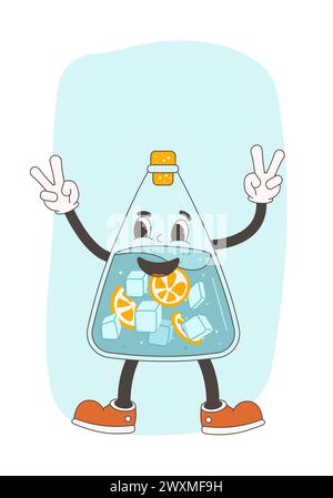 Carte de voeux de bouteille d'eau avec glace et mascotte de dessin animé rétro orange. Fait maison boisson gazeuse tuyau en caoutchouc animation style groovy personnage affiche te Illustration de Vecteur