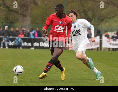 Rennes, France. 31 mars 2024. Isiaka Soukouna du stade Rennais lors de la Gambardella Cup, quart de finale entre le stade Rennais et l'Olympique de Marseille le 31 mars 2024 au stade la Piverdière Nord à Rennes, France - photo Laurent Lairys/DPPI crédit : DPPI Media/Alamy Live News Banque D'Images