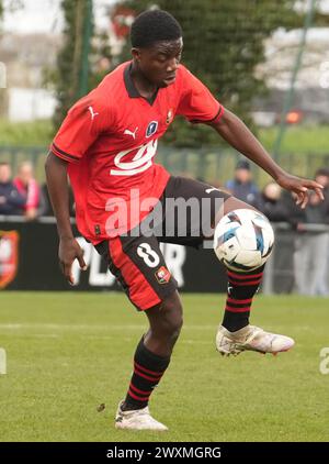 Rennes, France. 31 mars 2024. Steve MVODO du stade Rennais lors de la Gambardella Cup, quart de finale entre le stade Rennais et l'Olympique de Marseille le 31 mars 2024 au stade la Piverdière Nord à Rennes, France - photo Laurent Lairys/DPPI crédit : DPPI Media/Alamy Live News Banque D'Images