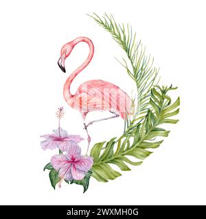 Flamingo et feuilles vertes tropicales exotiques composition. Aquarelle isolée sur fond blanc. Illustration botanique naturelle Banque D'Images