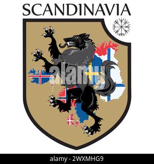 Design scandinave. Bouclier héraldique, un loup sur une carte de fond des pays scandinaves - Suède, Norvège, Danemark et Finlande, Islande, Féroé Illustration de Vecteur