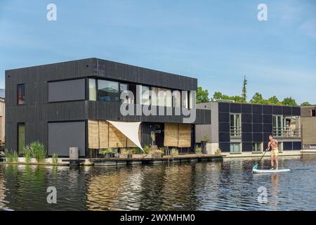 Maisons flottantes modernes à Amsterdam Noord sur un canal calme avec un homme paddleboard par une journée ensoleillée près de l'architecture contemporaine en bord de mer Banque D'Images