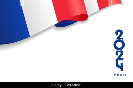 Paris 2024 avec drapeau 3D de la France. Paris 2024 fond horizontal pour concepts de voyage ou jeux de sport. Illustration vectorielle Illustration de Vecteur