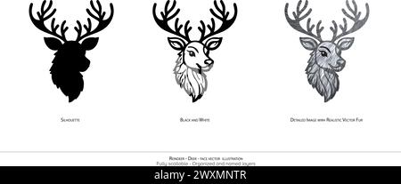 Renne - illustration vectorielle de visage de cerf. Fond blanc. Visage d'animal mignon. Illustrations de rennes. Calques prêts pour l'animation et organisés Illustration de Vecteur