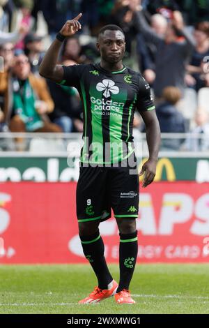 Bruges, Belgique. 01st Apr, 2024. Kevin Denkey du cercle célèbre après avoir marqué lors d'un match de football entre le cercle Brugge KSV et le Club Brugge KV, lundi 1er avril 2024 à Bruges, le jour 1 (sur 10) des Play-offs des Champions de la première division 'Jupiler Pro League' 2023-2024 du championnat belge. BELGA PHOTO KURT DESPLENTER crédit : Belga News Agency/Alamy Live News Banque D'Images
