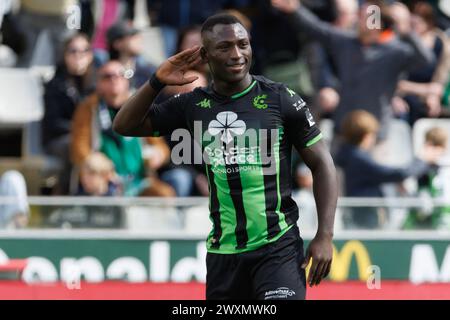 Bruges, Belgique. 01st Apr, 2024. Kevin Denkey du cercle célèbre après avoir marqué lors d'un match de football entre le cercle Brugge KSV et le Club Brugge KV, lundi 1er avril 2024 à Bruges, le jour 1 (sur 10) des Play-offs des Champions de la première division 'Jupiler Pro League' 2023-2024 du championnat belge. BELGA PHOTO KURT DESPLENTER crédit : Belga News Agency/Alamy Live News Banque D'Images
