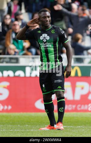 Bruges, Belgique. 01st Apr, 2024. Kevin Denkey du cercle célèbre après avoir marqué lors d'un match de football entre le cercle Brugge KSV et le Club Brugge KV, lundi 1er avril 2024 à Bruges, le jour 1 (sur 10) des Play-offs des Champions de la première division 'Jupiler Pro League' 2023-2024 du championnat belge. BELGA PHOTO KURT DESPLENTER crédit : Belga News Agency/Alamy Live News Banque D'Images