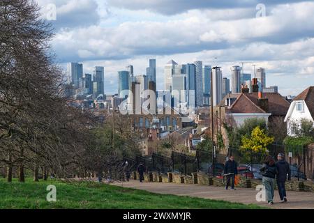 Vue de Canary Wharf depuis Greenwich Park, Maze Hill, , Londres, Angleterre Banque D'Images