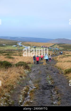 Les familles marchent vers le sommet de Rippon Tor dans le parc national de Dartmoor, Devon, Royaume-Uni Banque D'Images