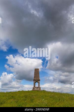 Les restes d'un obélisque tronqué solitaire, debout dans l'ancien parc du château de Dangan près de Summerhill dans le comté de Meath, en Irlande. Banque D'Images