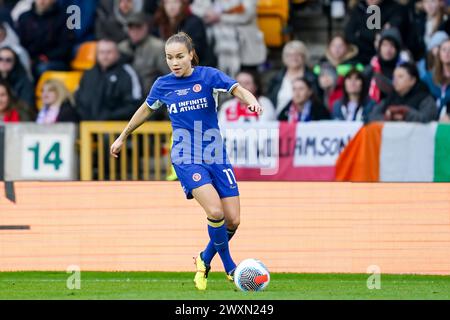 Wolverhampton, Angleterre, le 31 mars 2024 : Guro Reiten (11 Chelsea) contrôle le ballon lors de la finale de la Coupe de la Ligue des pneus continentaux pour femmes entre Arsenal et Chelsea au stade Molineux à Wolverhampton, en Angleterre. (Daniela Porcelli / SPP) Banque D'Images