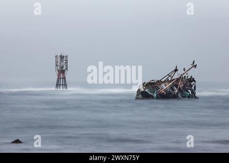 L'épave du Sovereign (BF380) entourée de brouillard marin. Le Sovereign était un bateau de pêche enregistré par Banff qui s'est échoué sur les rochers de Cairnbulg Banque D'Images