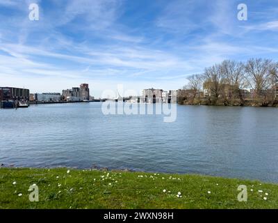 Pittoresque vista se déploie au-dessus de la rivière, capturant le pont Prins Clausbrug et le développement immobilier florissant de Stadswerven à Dordrecht, épi Banque D'Images